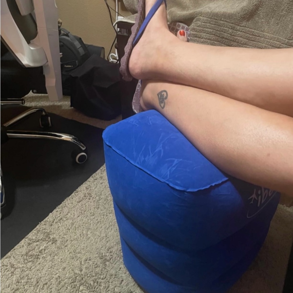 Blue Inflatable Foot Rest With Eye Mask, Ear Plugs and Storage Bag